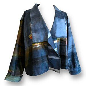 Carole Walker Womens Jacket Art To Wear Handpainted Silk O/S Free Sz Blue Brown